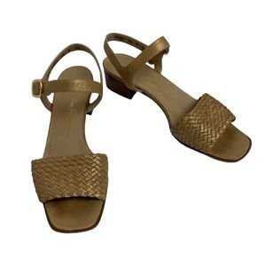 Vintage Salvatore Ferragamo tan metallic leather woven block heel sandals 9